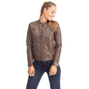(P2)arden B Metallic Tan Leather Cafe Racer Motorcycle Jacket Biker Moto,S Women